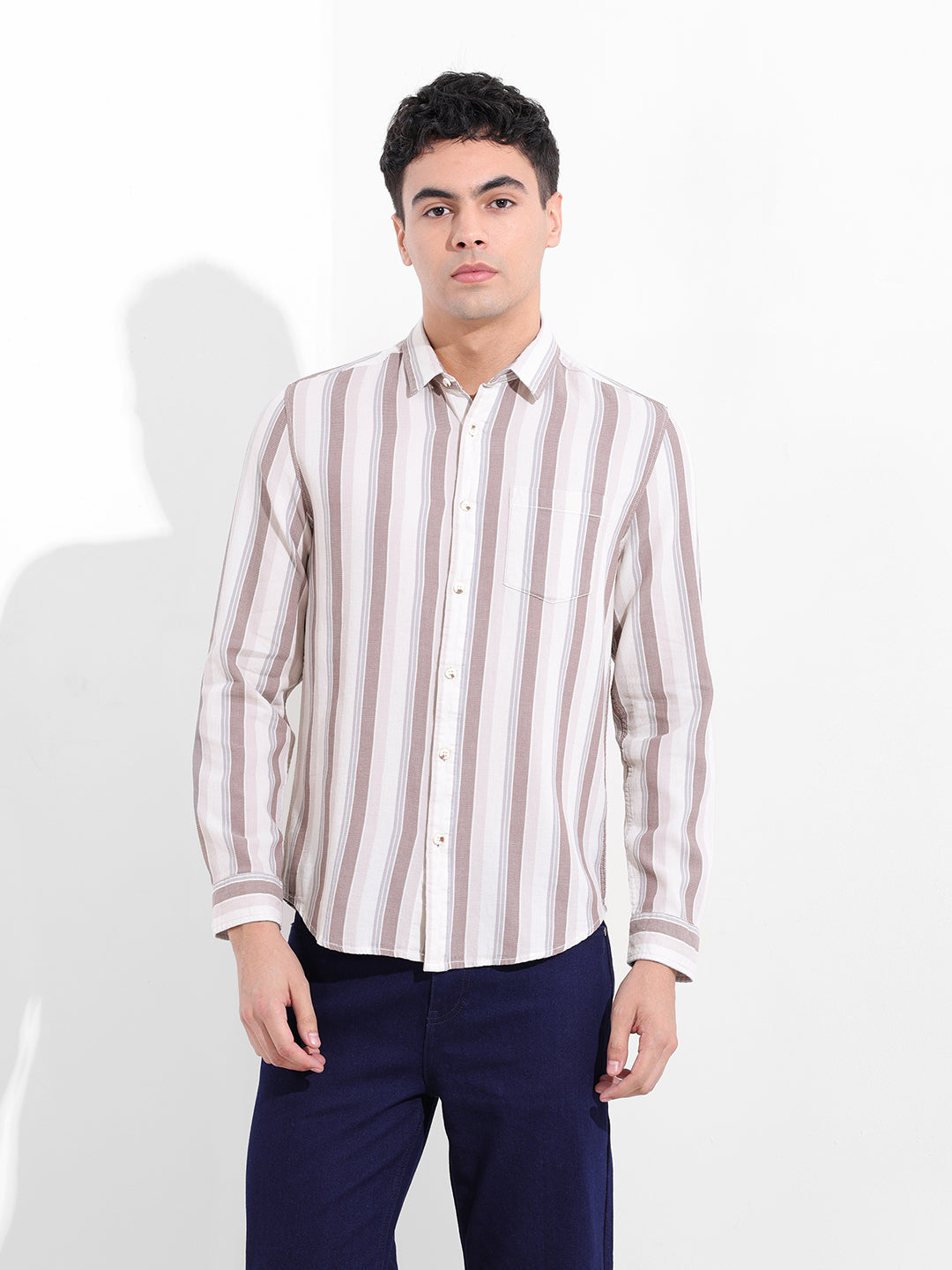 Men's Cream Slim Fit Striped Casual Shirt