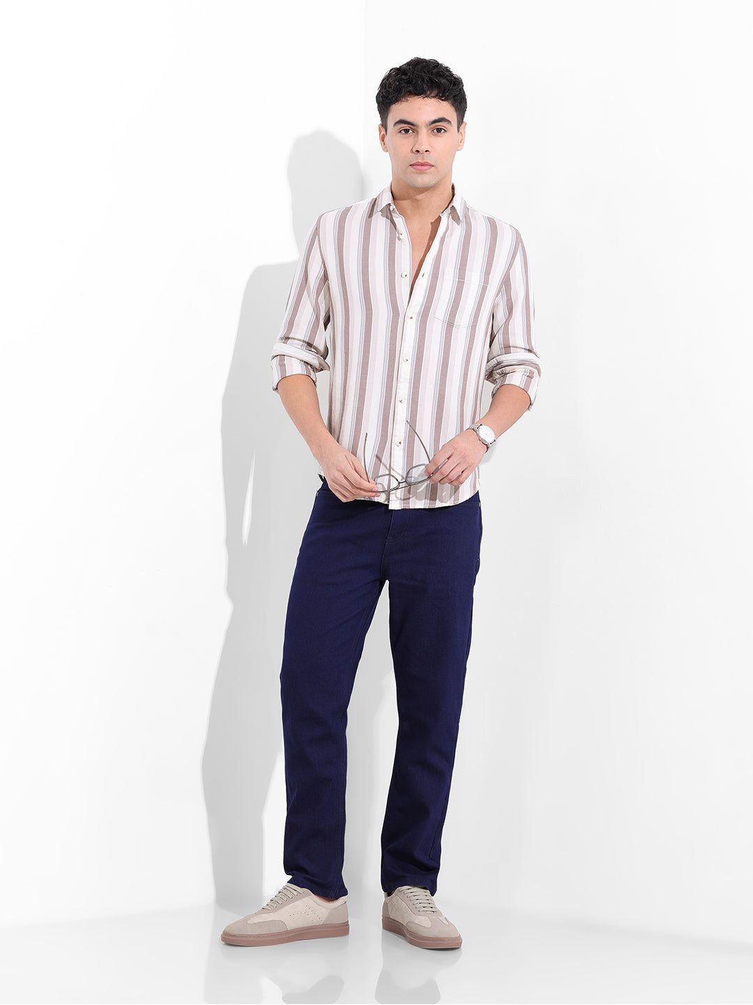 Men's Cream Slim Fit Striped Casual Shirt
