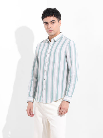 Men's Cream Slim Fit Striped Casual Shirt