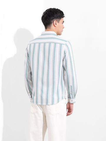 Men's Cream Slim Fit Striped Casual Shirt