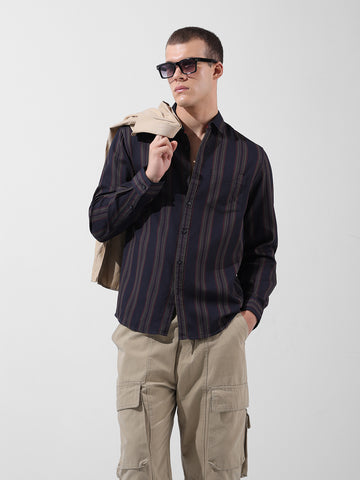 Men's Black Slim Fit Striped Casual Shirt
