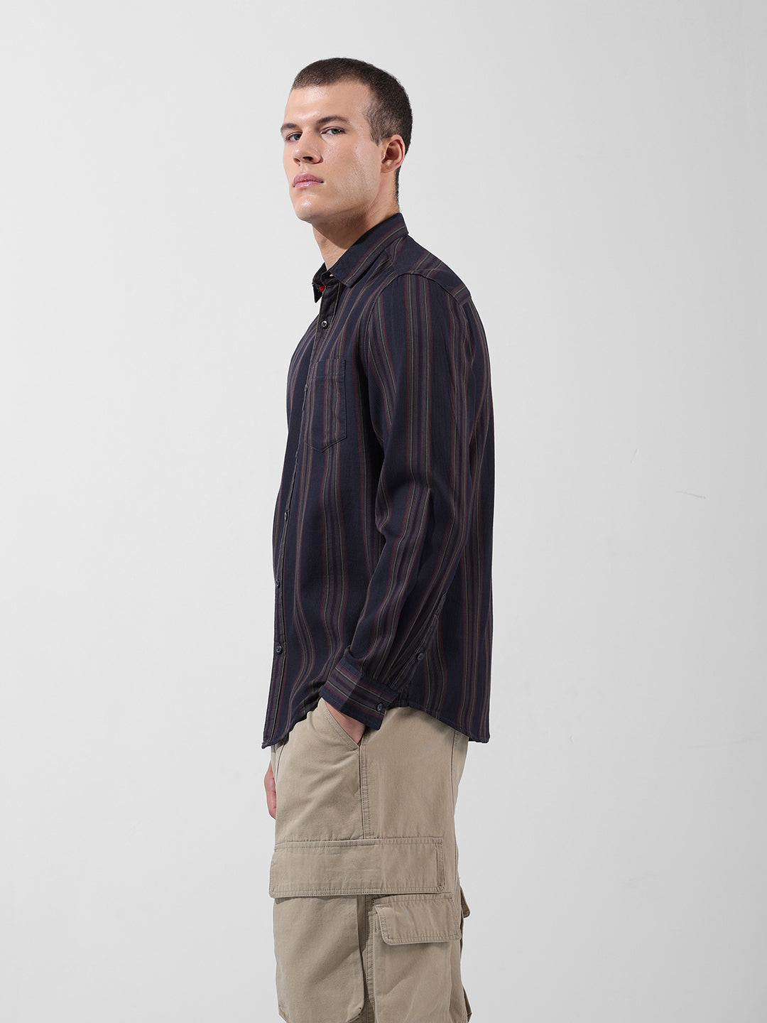 Men's Black Slim Fit Striped Casual Shirt