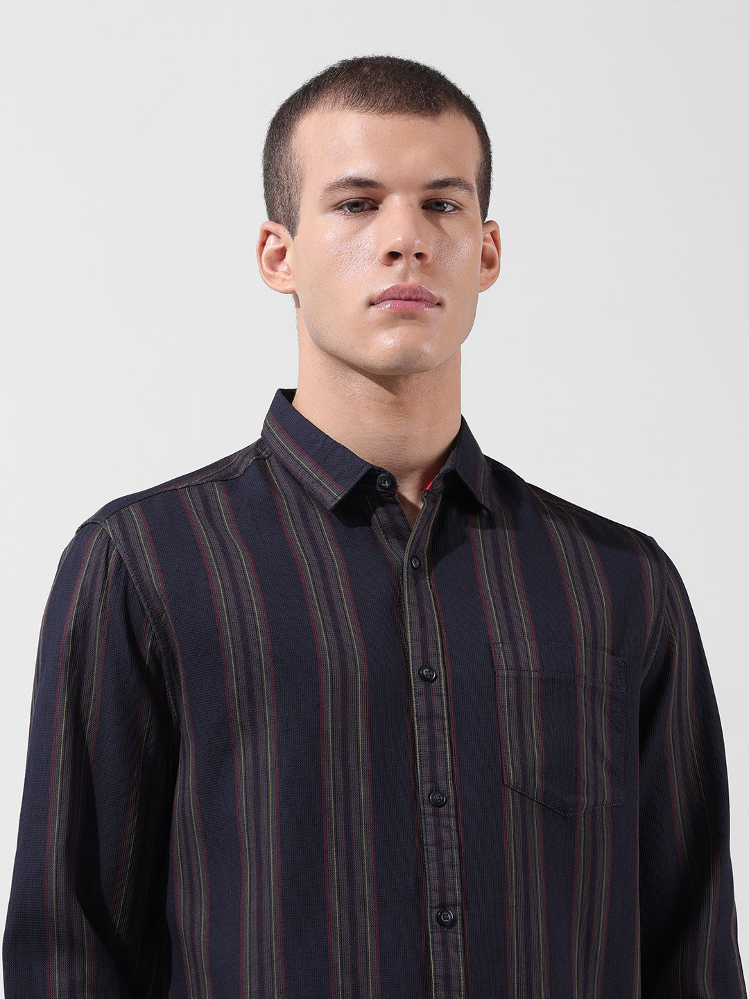 Men's Black Slim Fit Striped Casual Shirt
