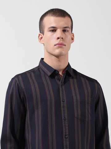 Men's Black Slim Fit Striped Casual Shirt