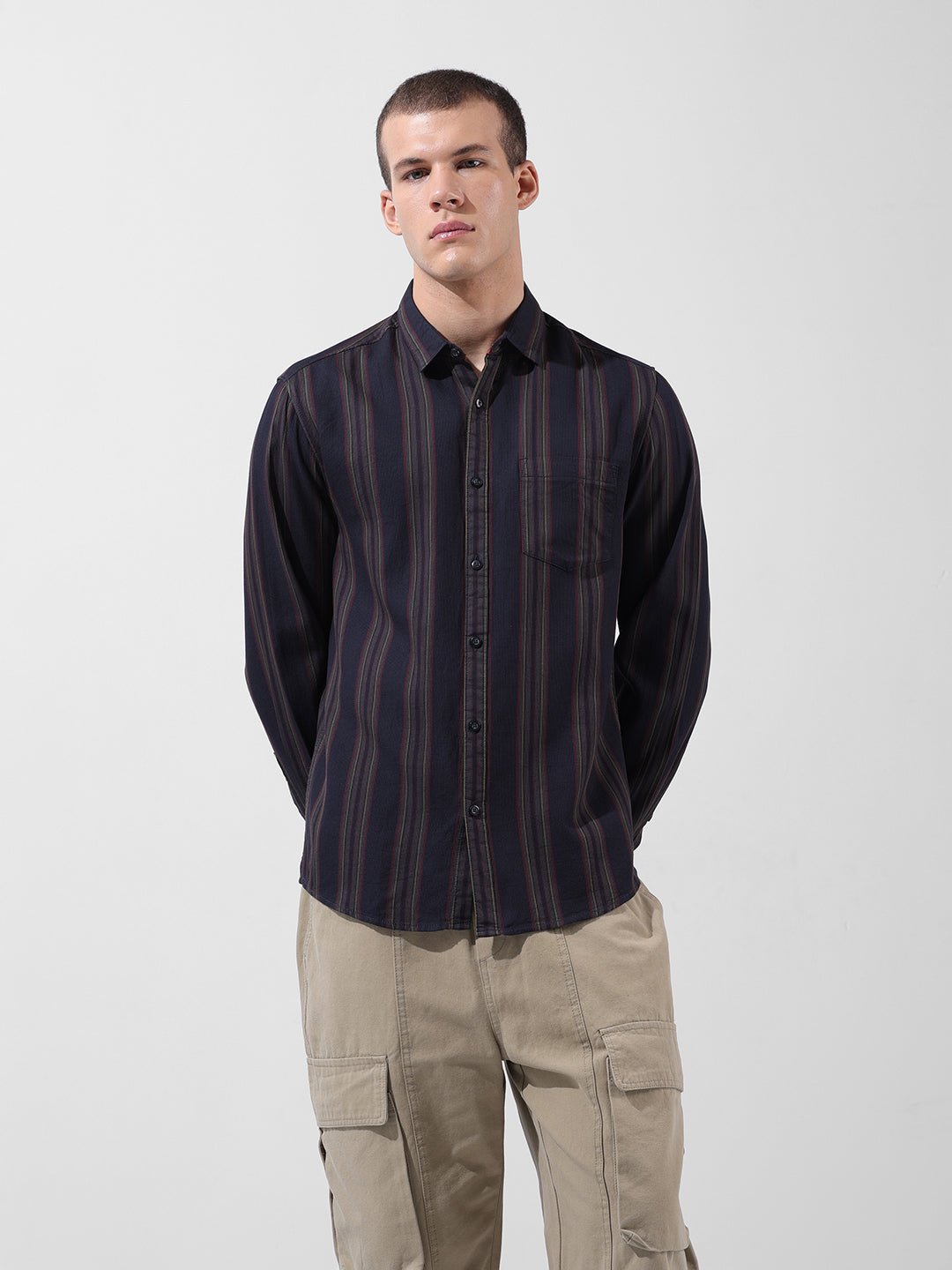 Men's Black Slim Fit Striped Casual Shirt