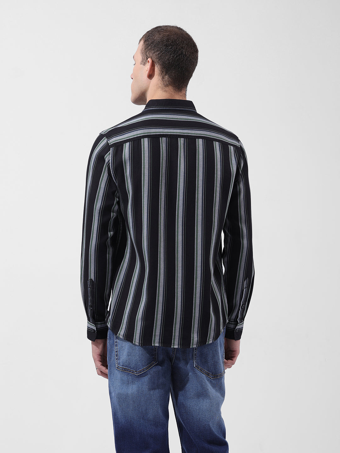 Men's Black Slim Fit Striped Casual Shirt