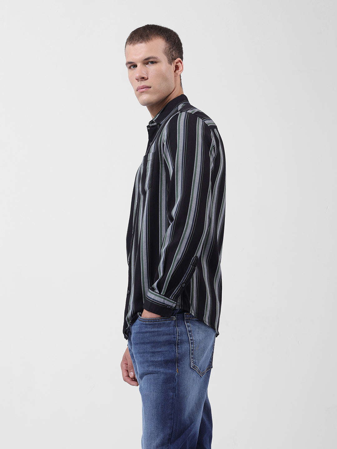 Men's Black Slim Fit Striped Casual Shirt