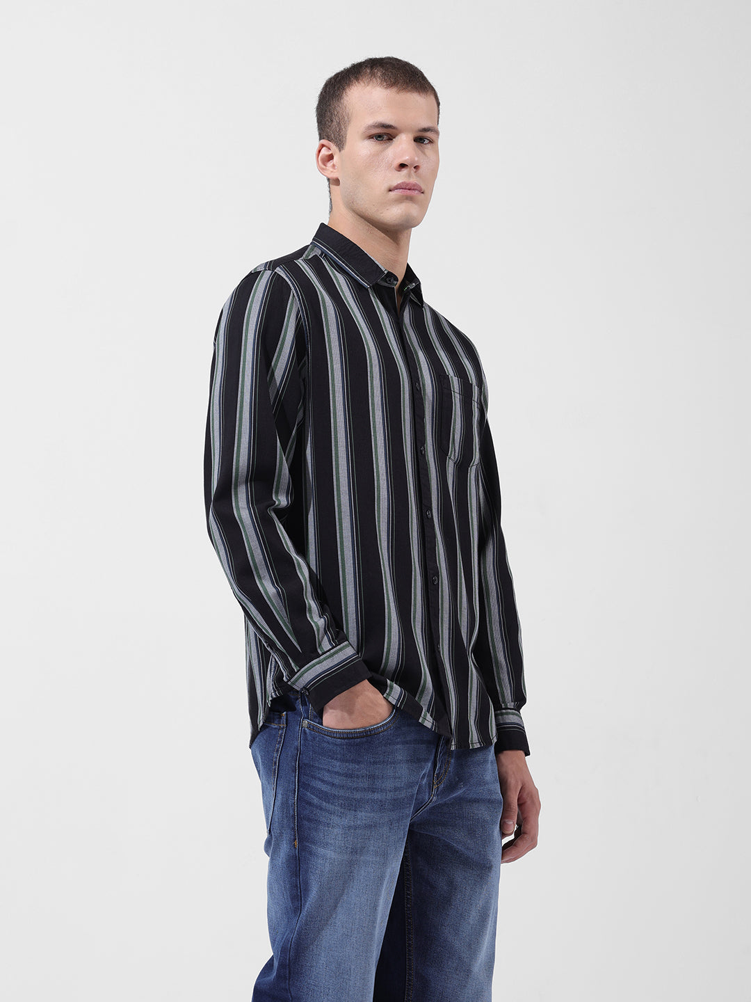 Men's Black Slim Fit Striped Casual Shirt
