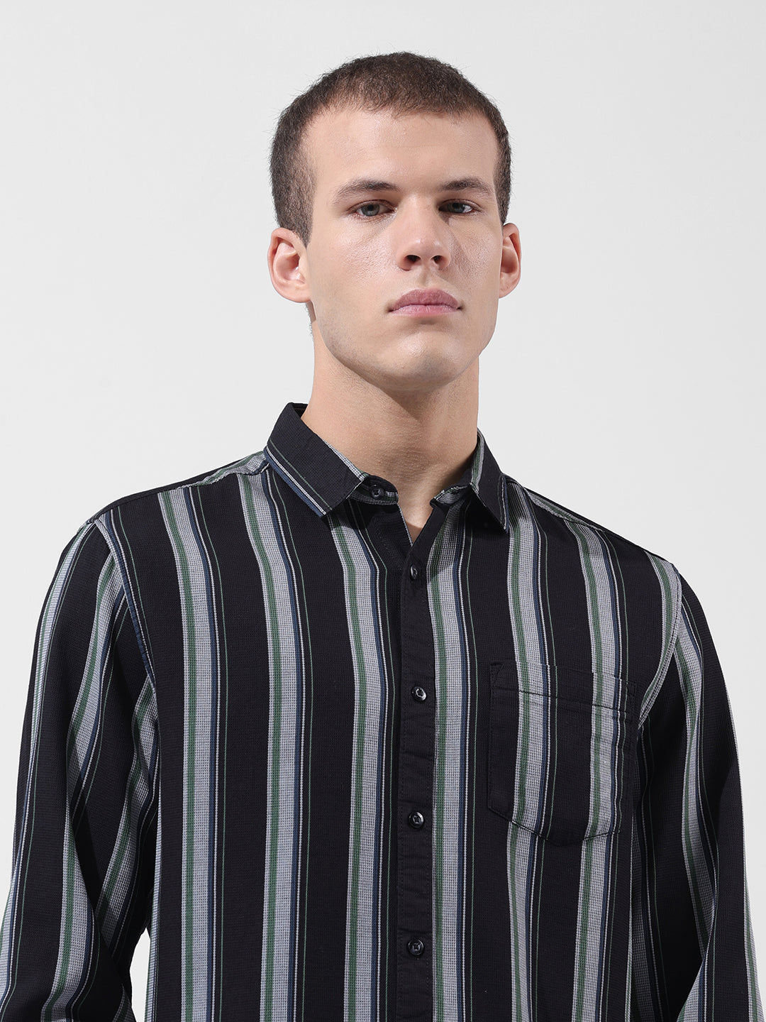 Men's Black Slim Fit Striped Casual Shirt