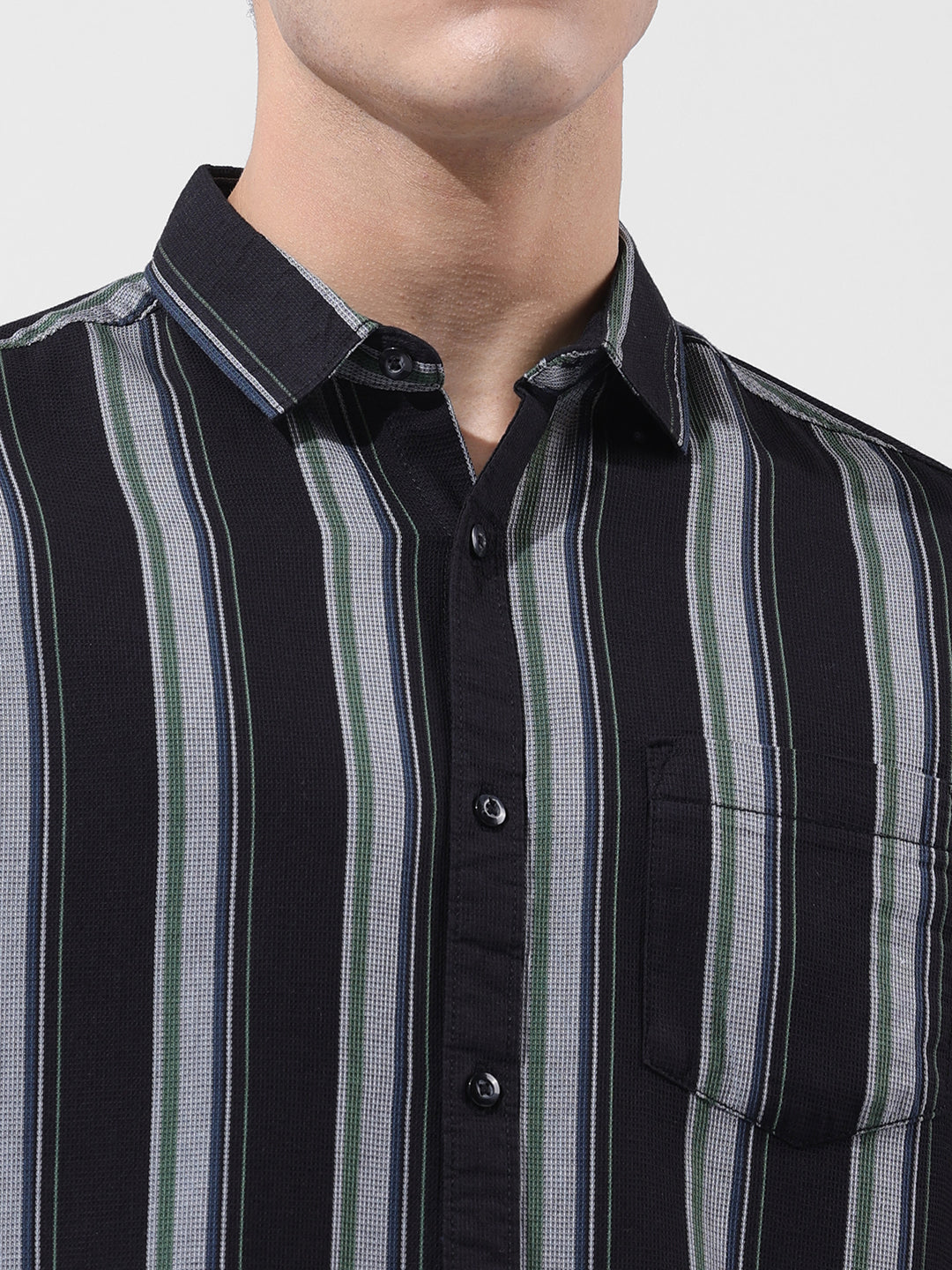 Men's Black Slim Fit Striped Casual Shirt