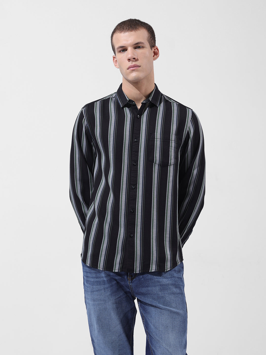 Men's Black Slim Fit Striped Casual Shirt