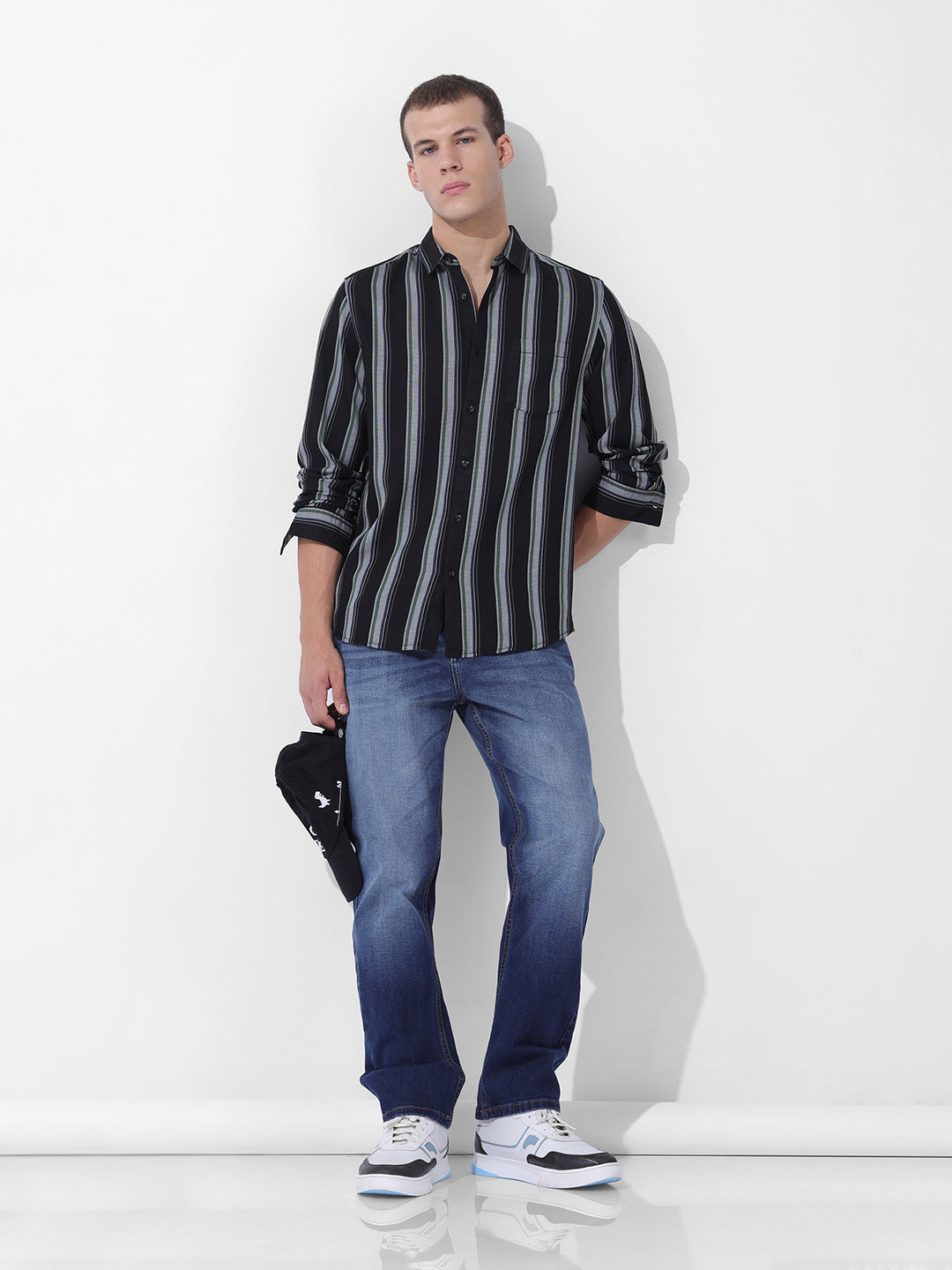 Men's Black Slim Fit Striped Casual Shirt