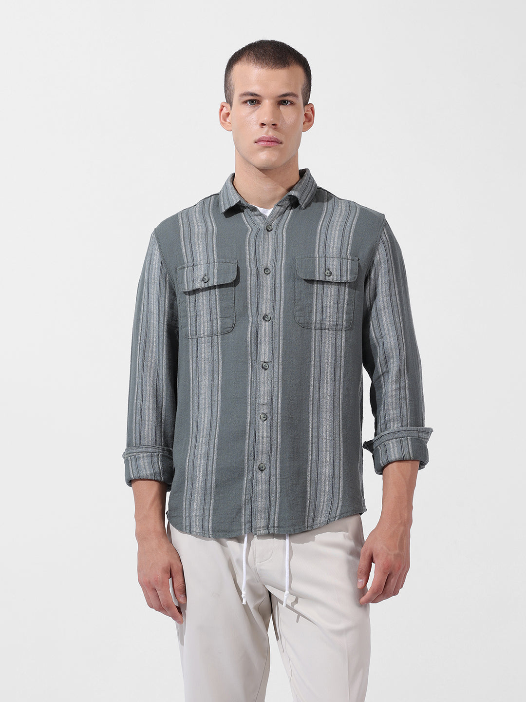 Men's Green Slim Fit Striped Casual Shirt