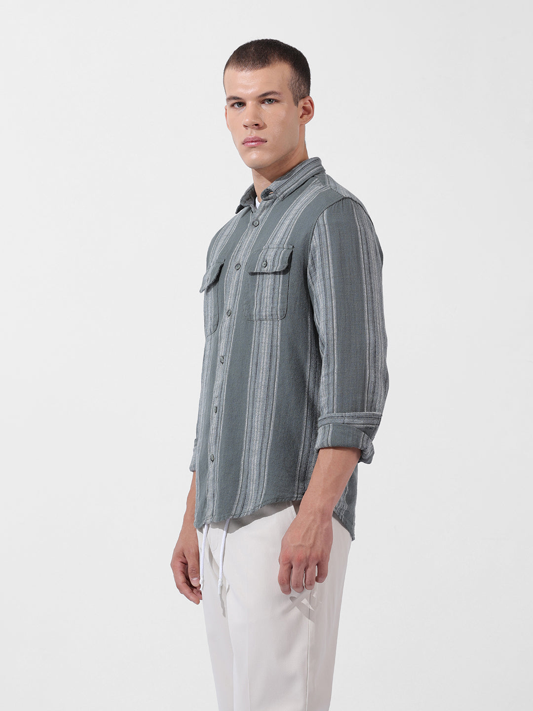 Men's Green Slim Fit Striped Casual Shirt