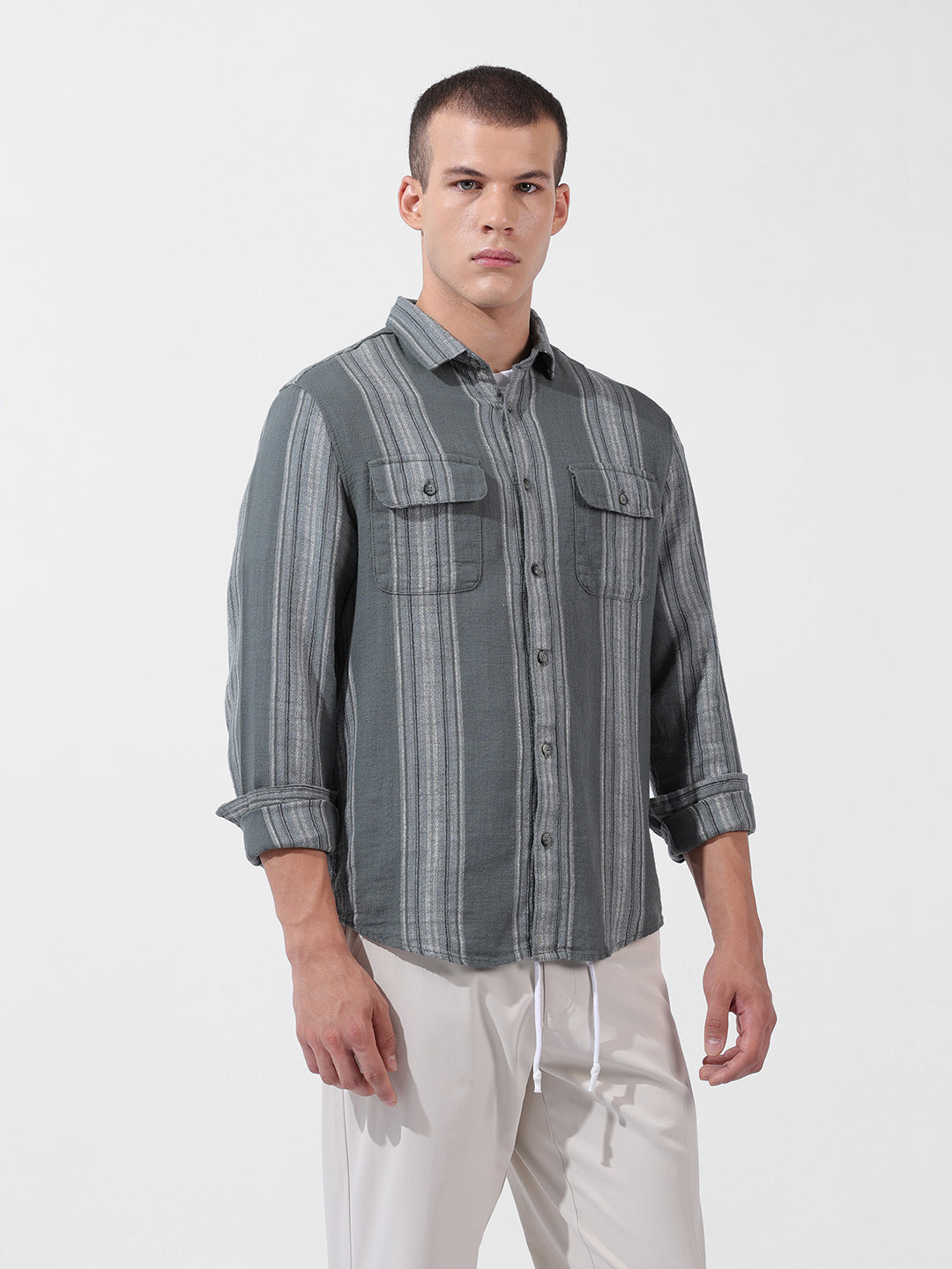 Men's Green Slim Fit Striped Casual Shirt