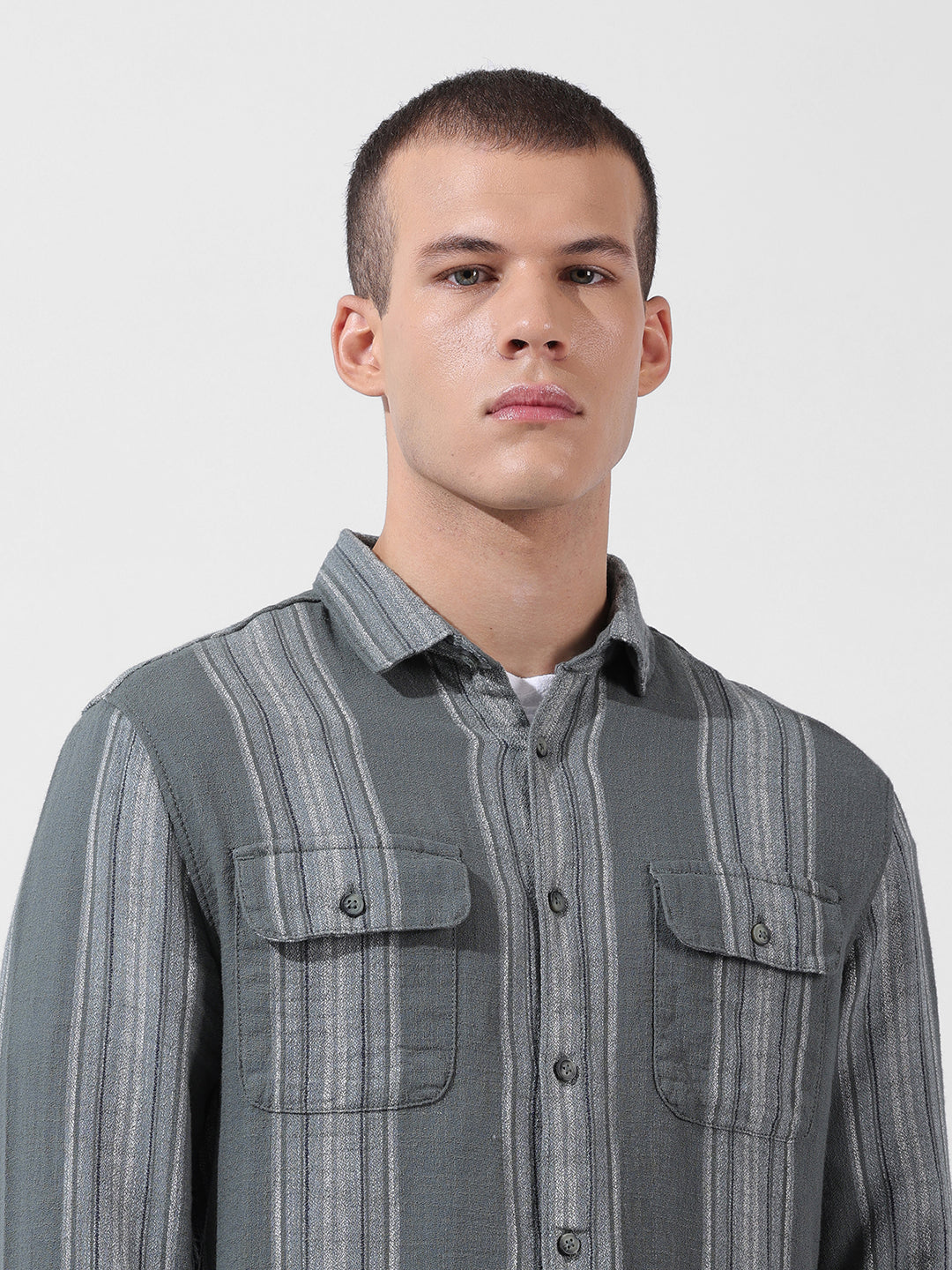 Men's Green Slim Fit Striped Casual Shirt