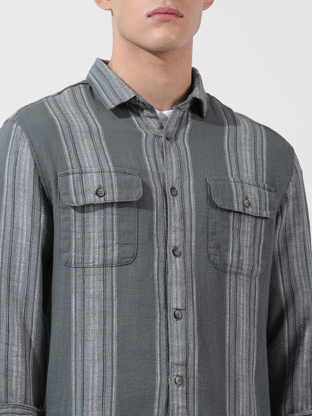 Men's Green Slim Fit Striped Casual Shirt