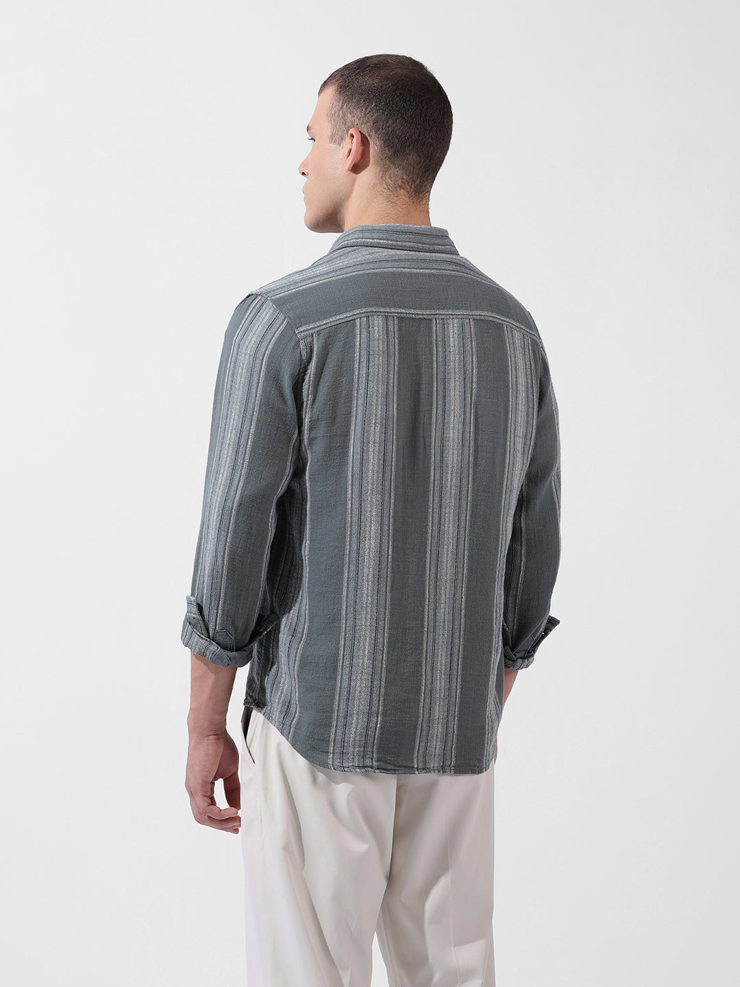 Men's Green Slim Fit Striped Casual Shirt