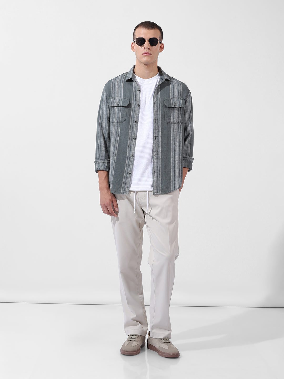 Men's Green Slim Fit Striped Casual Shirt