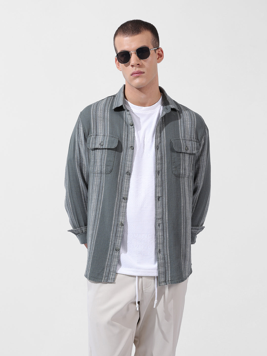 Men's Green Slim Fit Striped Casual Shirt