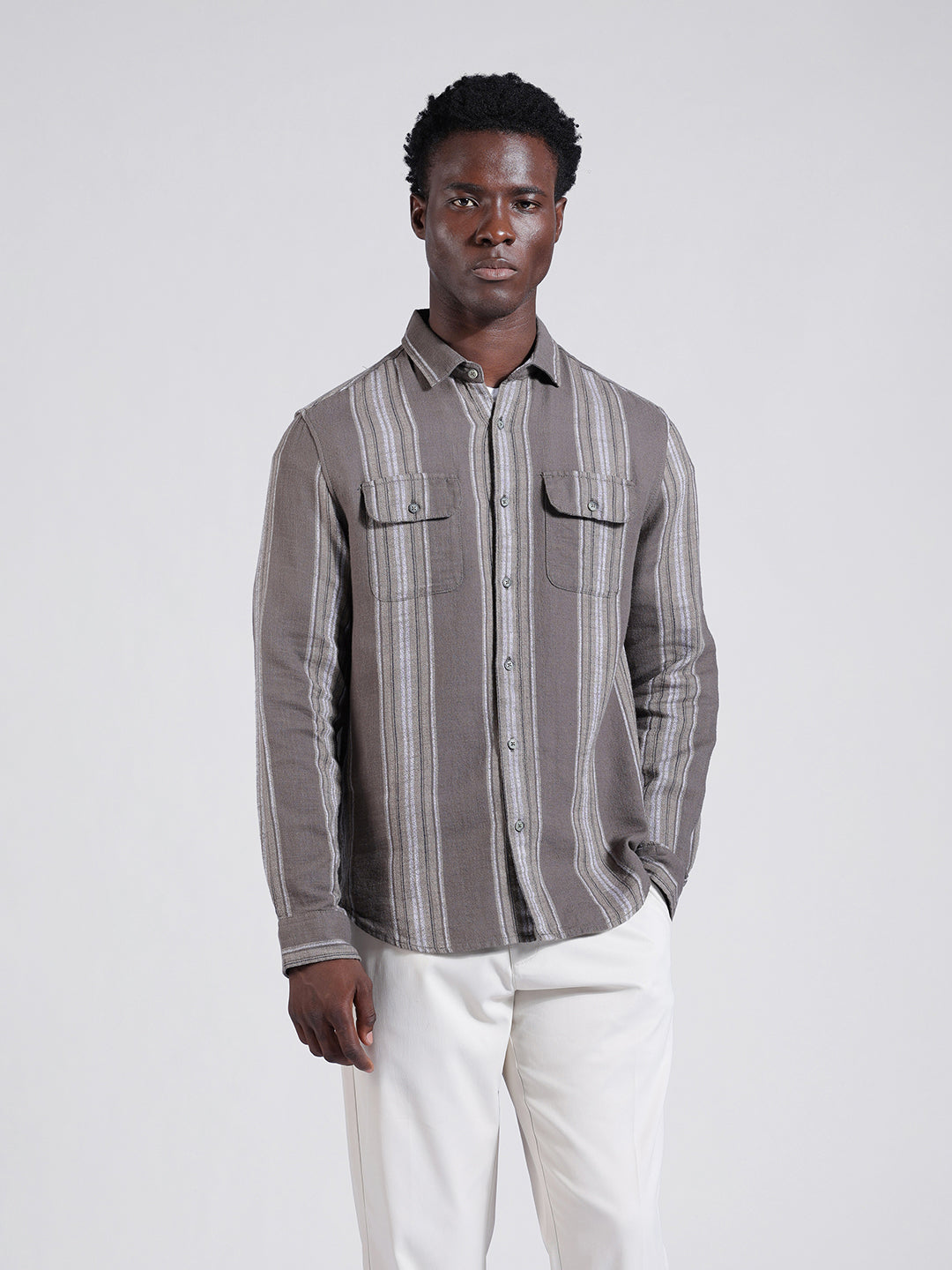 Men's Grey Slim Fit Striped Casual Shirt