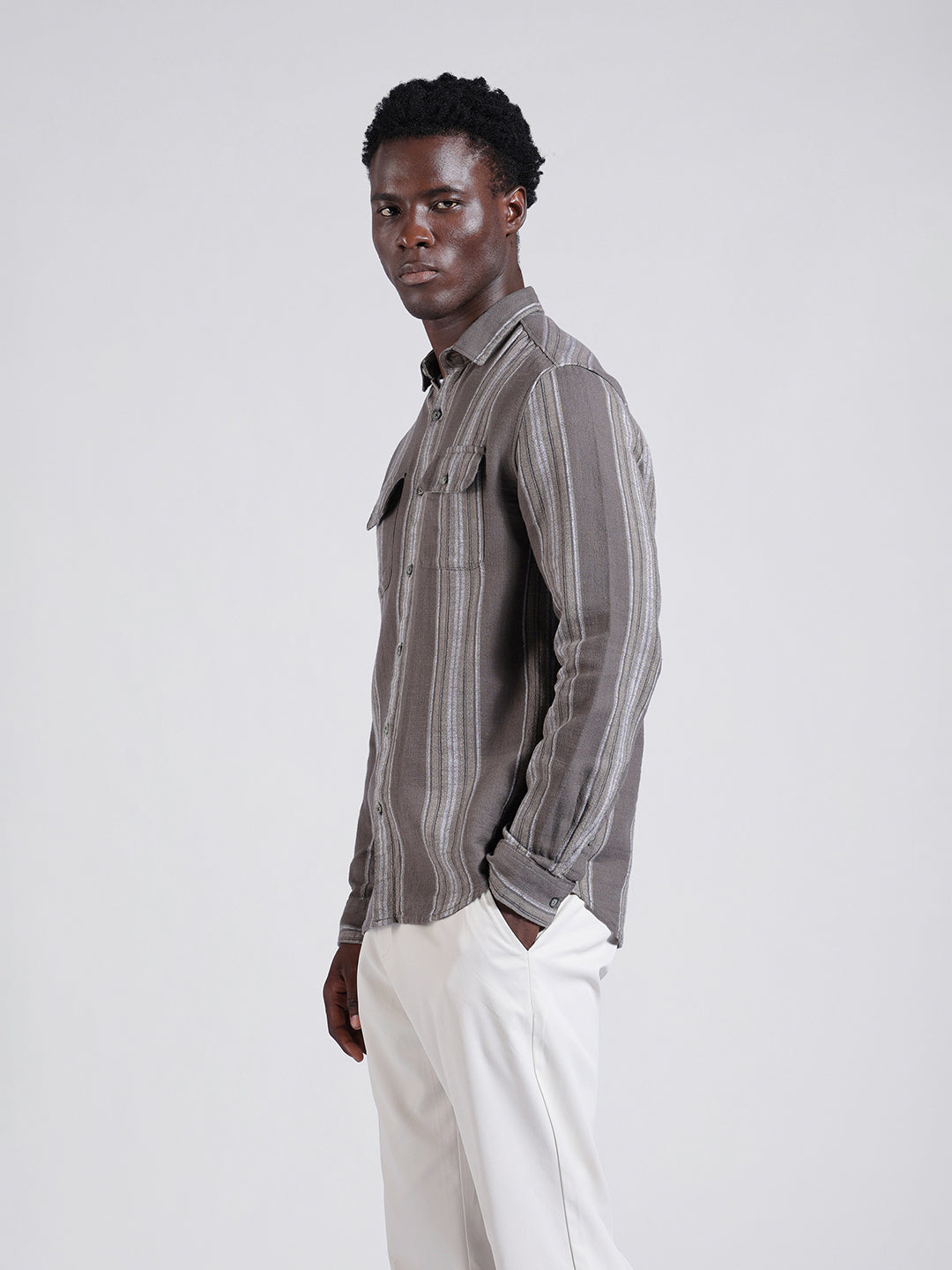 Men's Grey Slim Fit Striped Casual Shirt