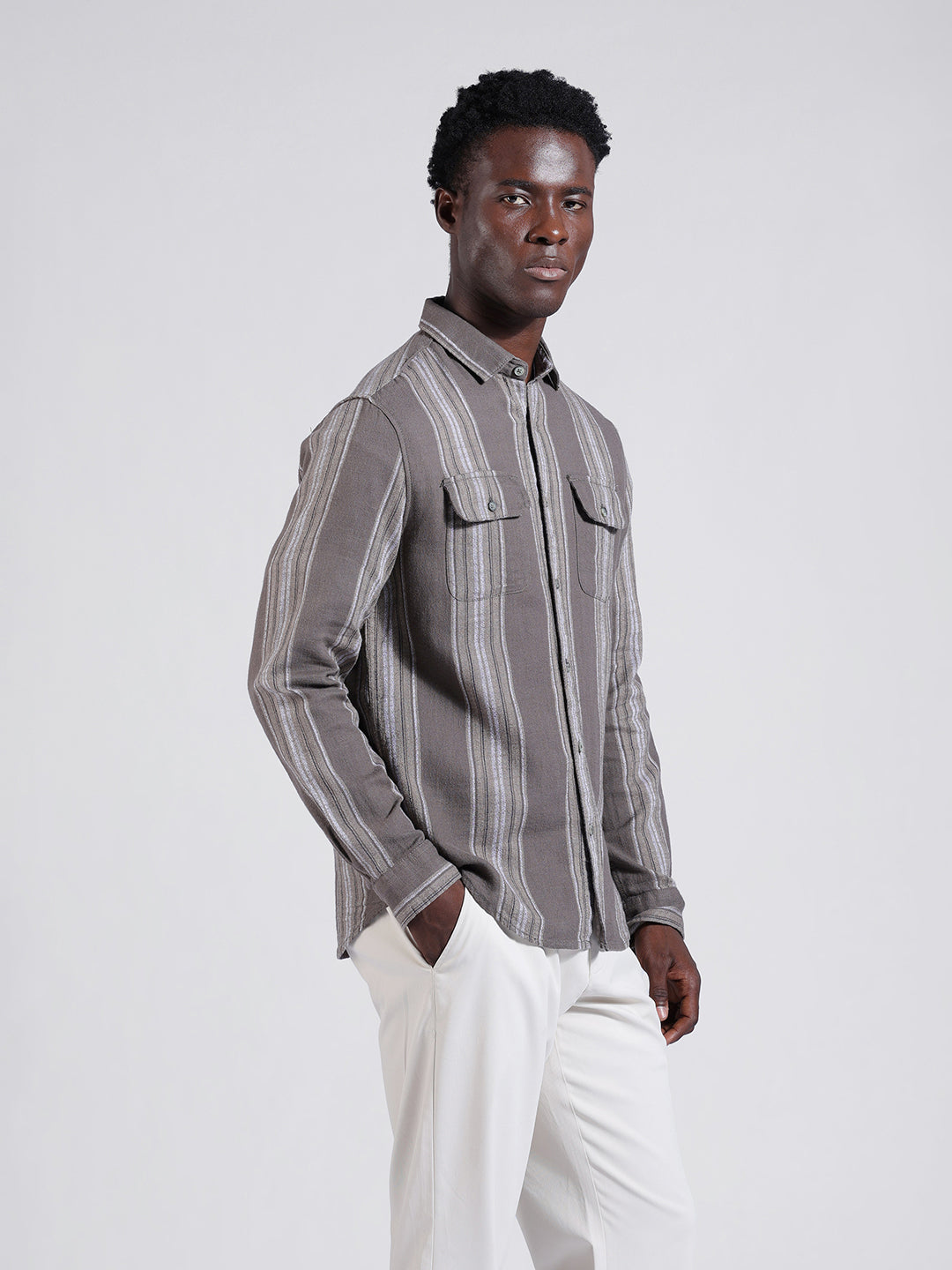 Men's Grey Slim Fit Striped Casual Shirt