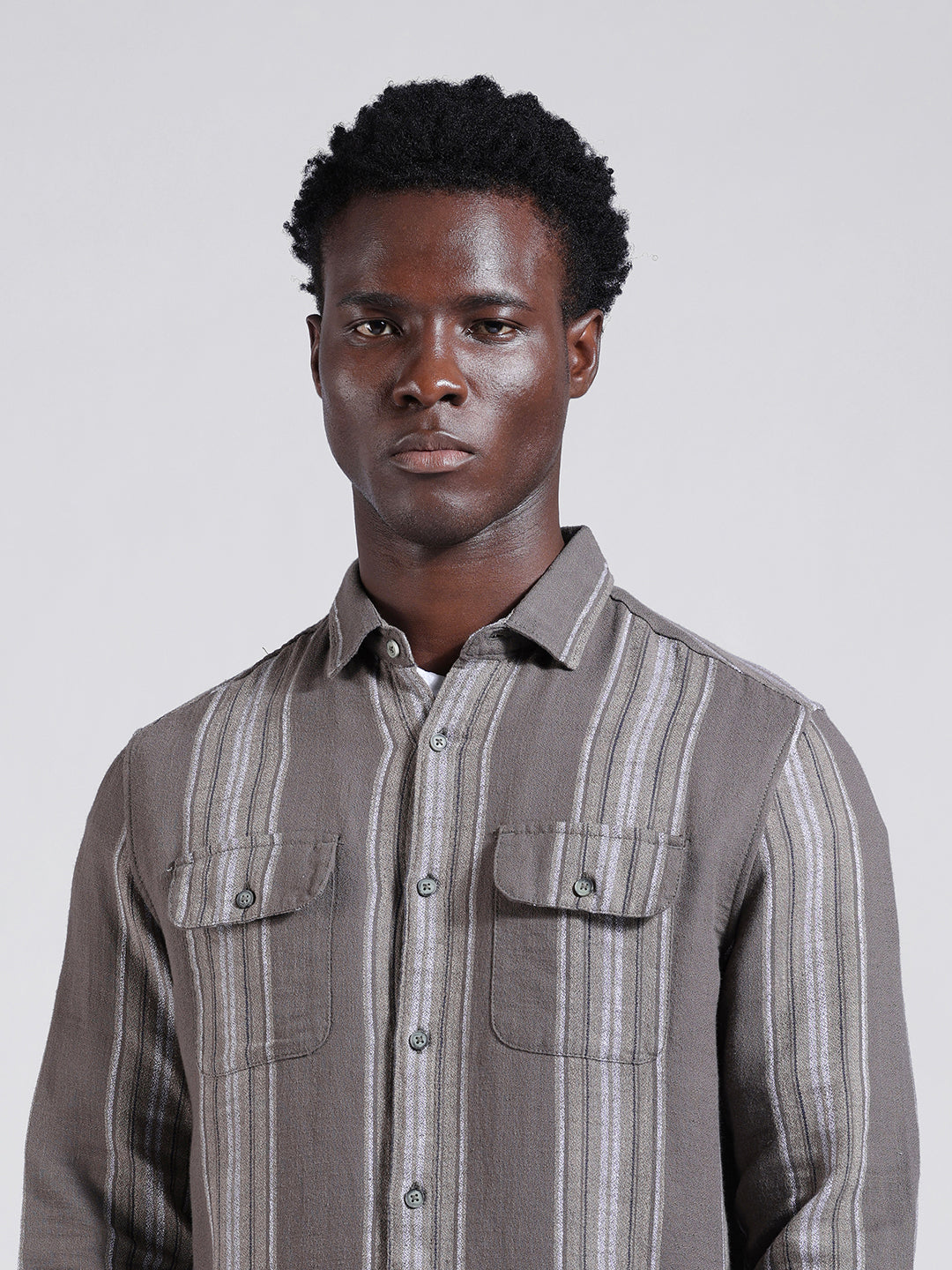 Men's Grey Slim Fit Striped Casual Shirt