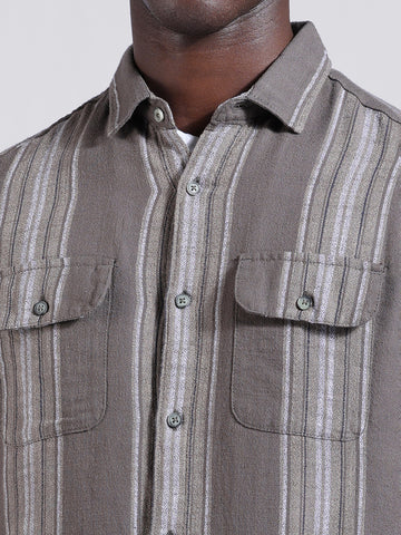 Men's Grey Slim Fit Striped Casual Shirt