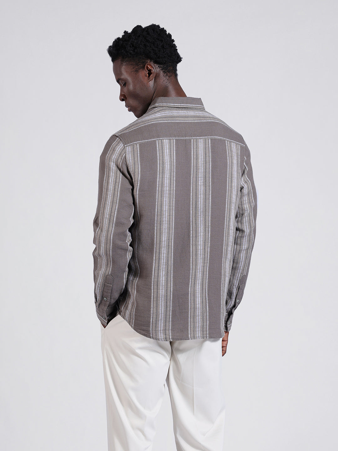 Men's Grey Slim Fit Striped Casual Shirt