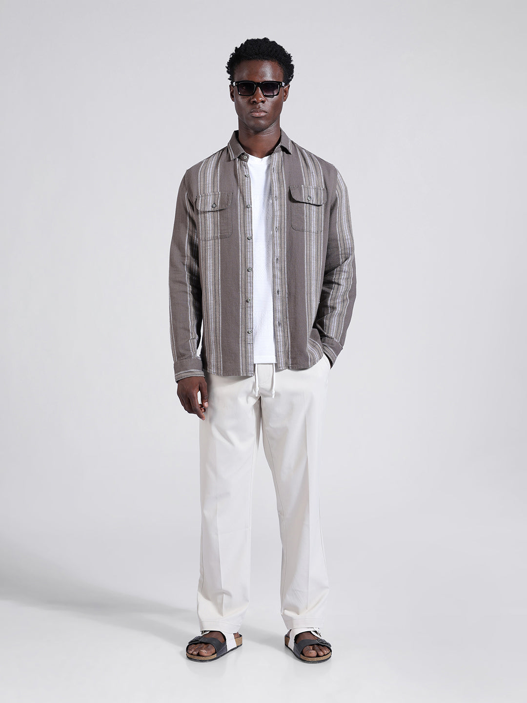 Men's Grey Slim Fit Striped Casual Shirt