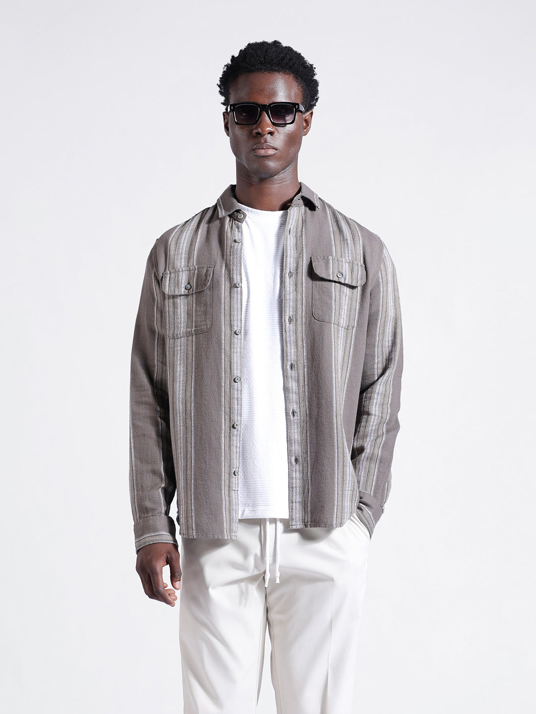 Men's Grey Slim Fit Striped Casual Shirt