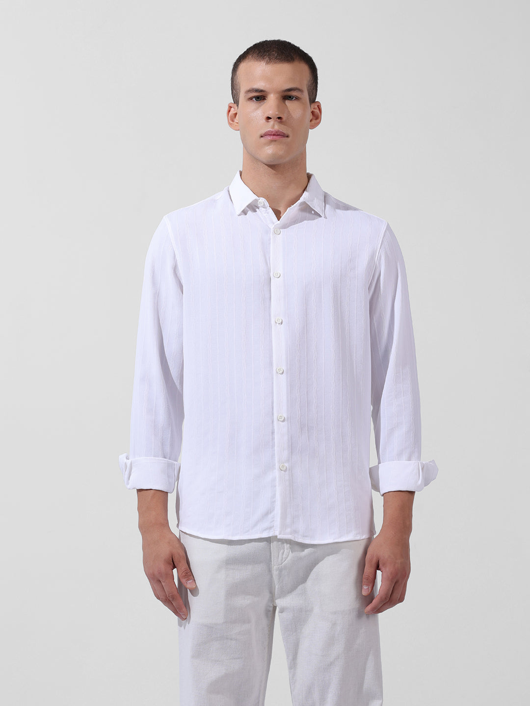 Men's White Regular Fit Textured Resort Wear Shirt