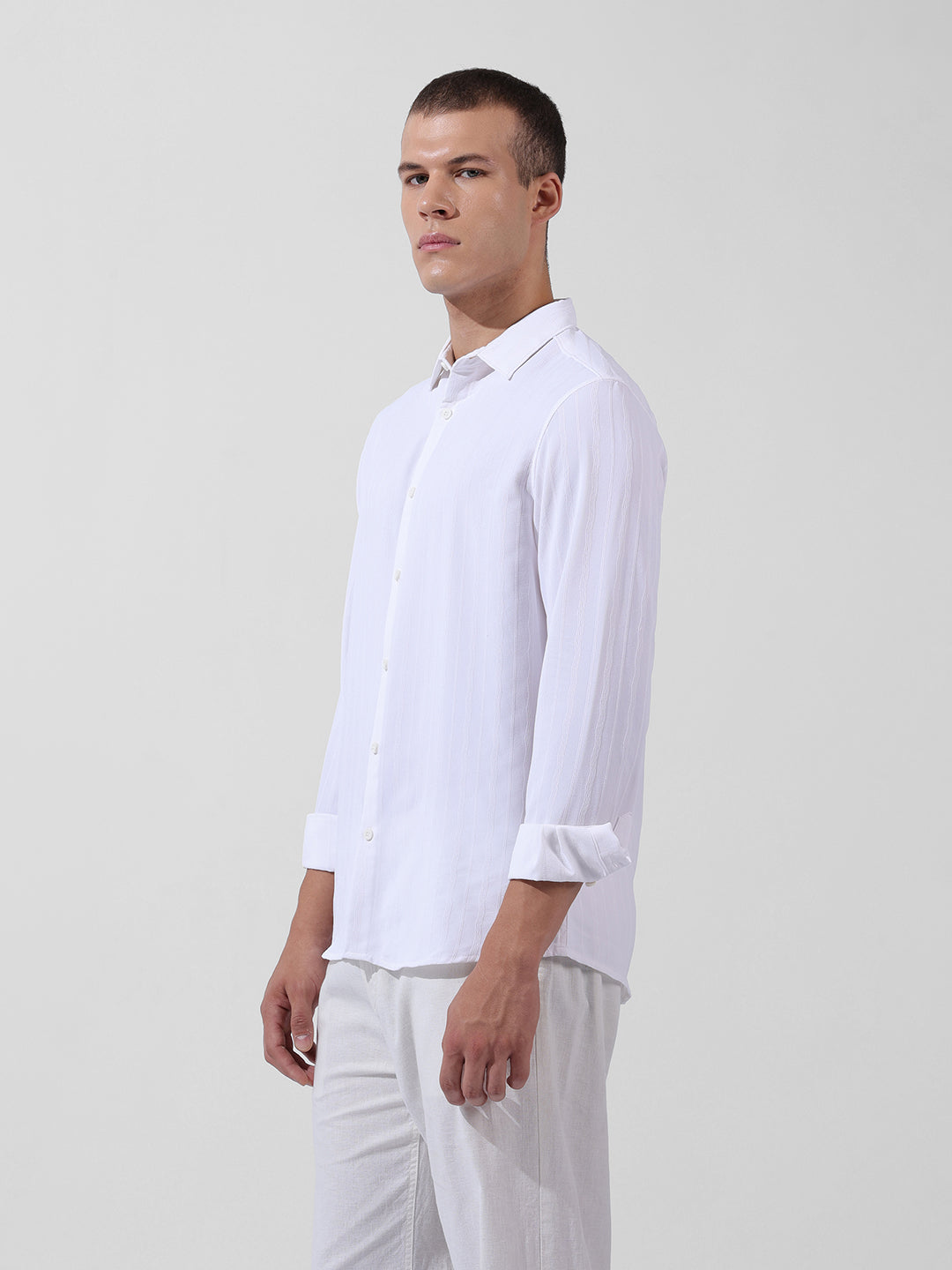 Men's White Regular Fit Textured Resort Wear Shirt