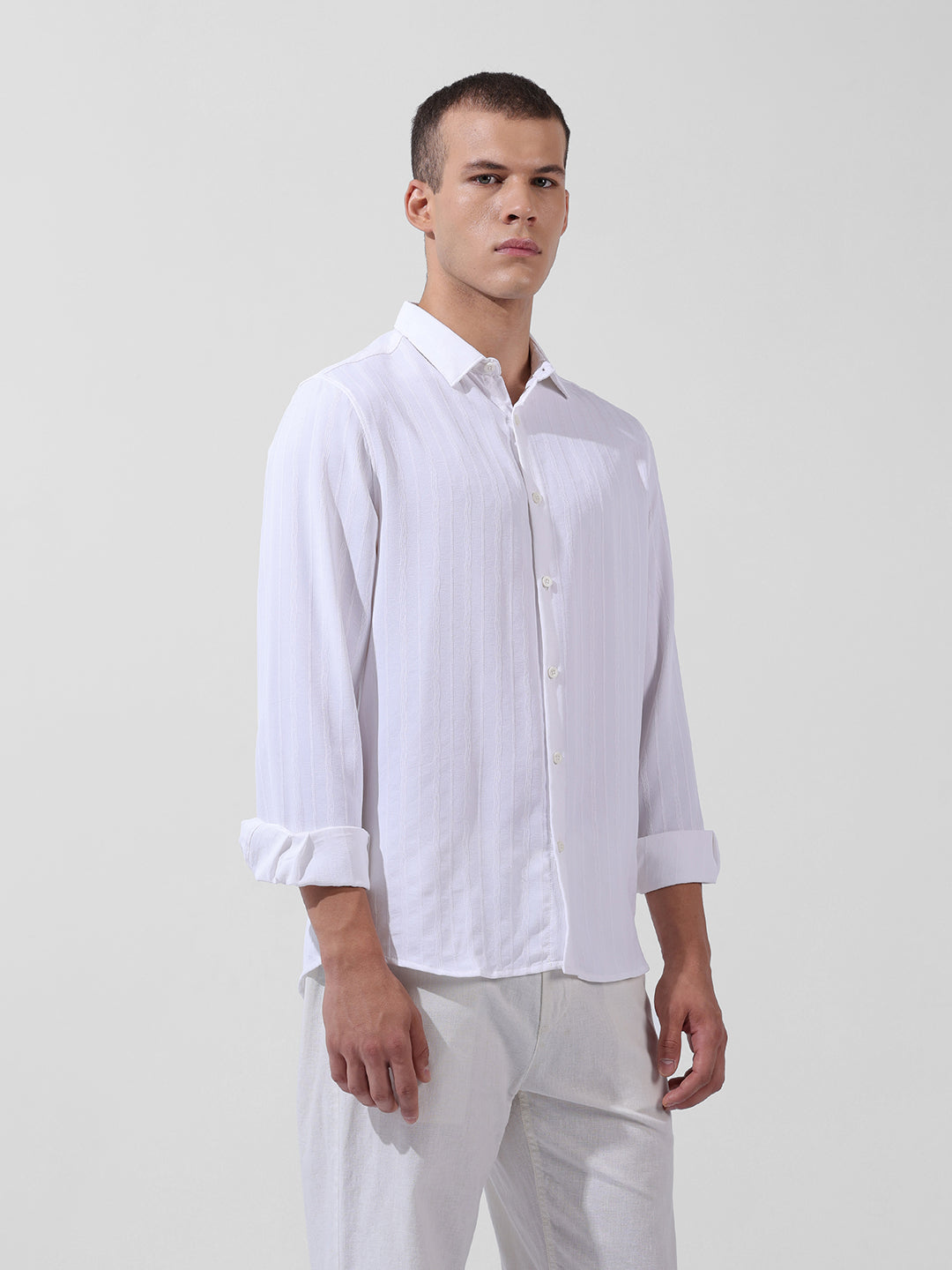 Men's White Regular Fit Textured Resort Wear Shirt