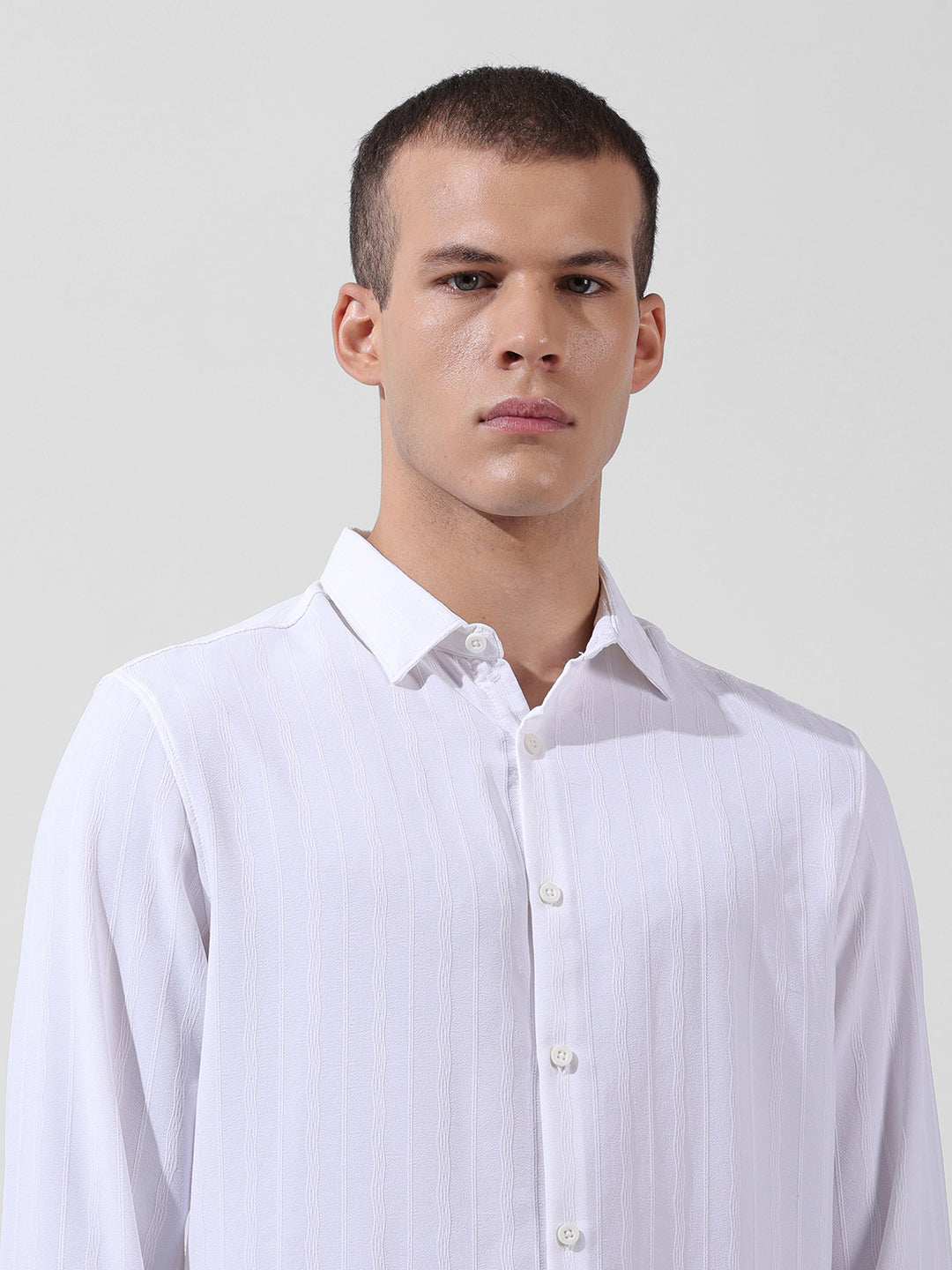 Men's White Regular Fit Textured Resort Wear Shirt