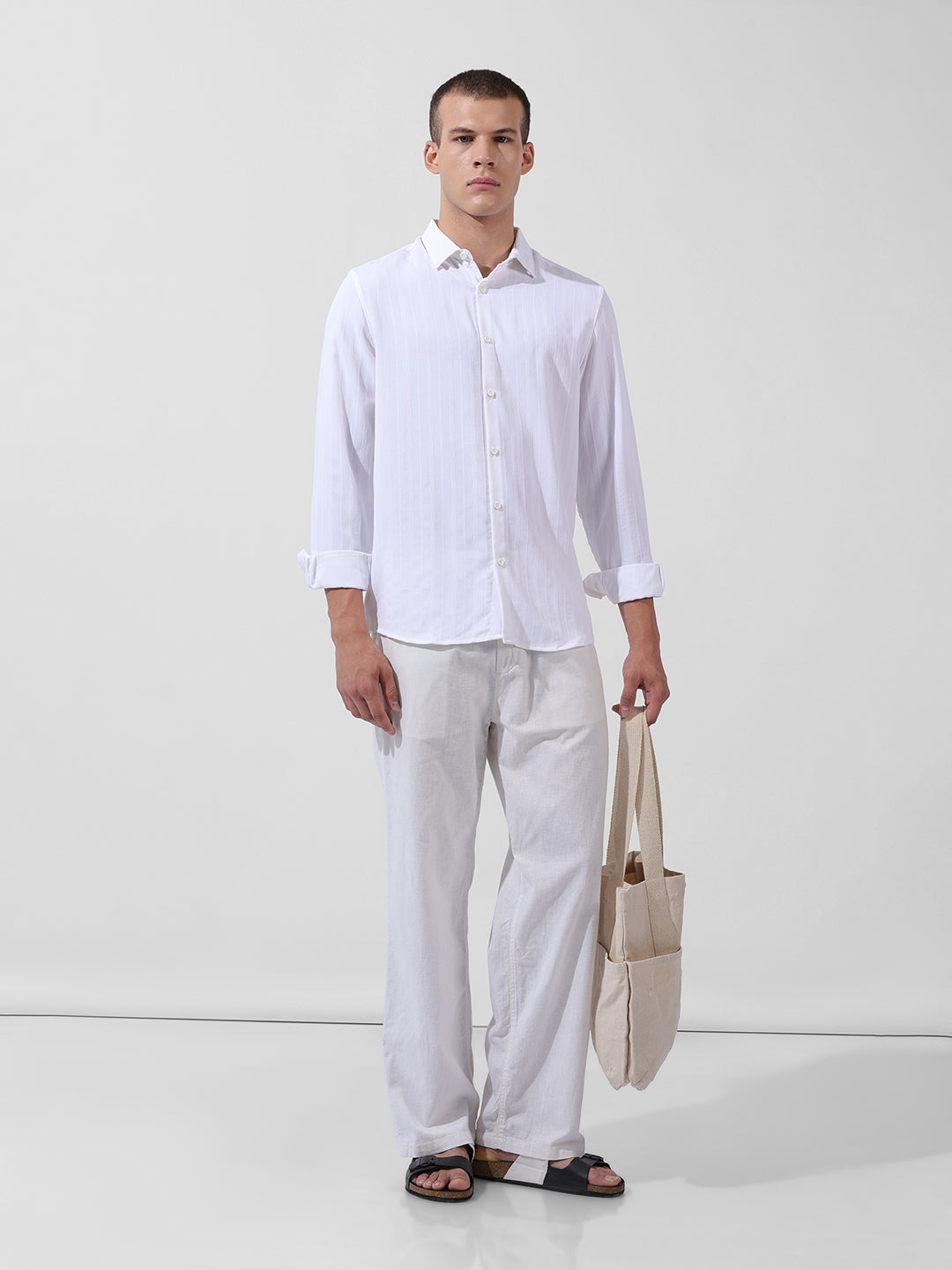 Men's White Regular Fit Textured Resort Wear Shirt