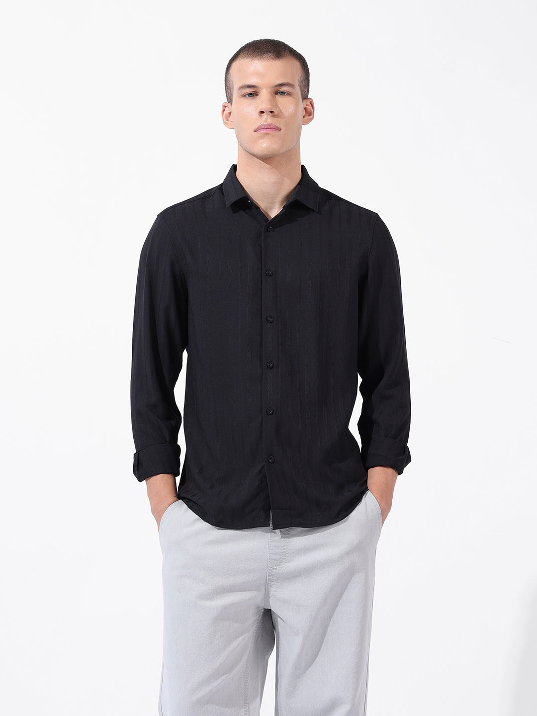 Men's Black Regular Fit Textured Resort Wear Shirt