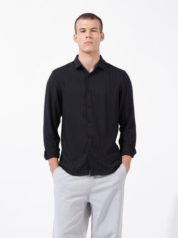 Men's Black Regular Fit Textured Resort Wear Shirt
