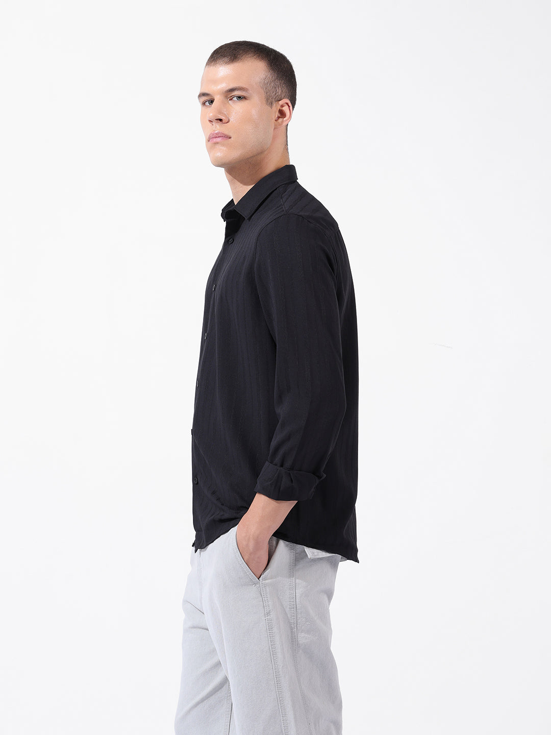 Men's Black Regular Fit Textured Resort Wear Shirt