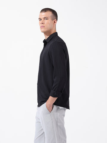 Men's Black Regular Fit Textured Resort Wear Shirt