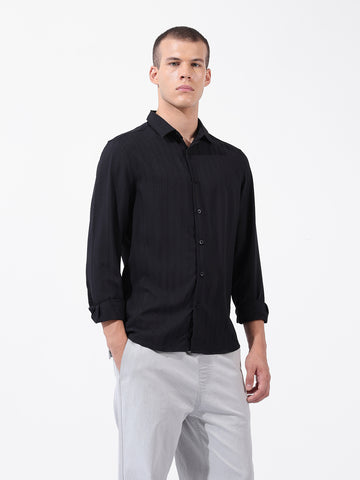 Men's Black Regular Fit Textured Resort Wear Shirt