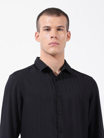 Men's Black Regular Fit Textured Resort Wear Shirt