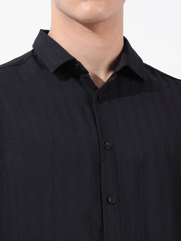 Men's Black Regular Fit Textured Resort Wear Shirt