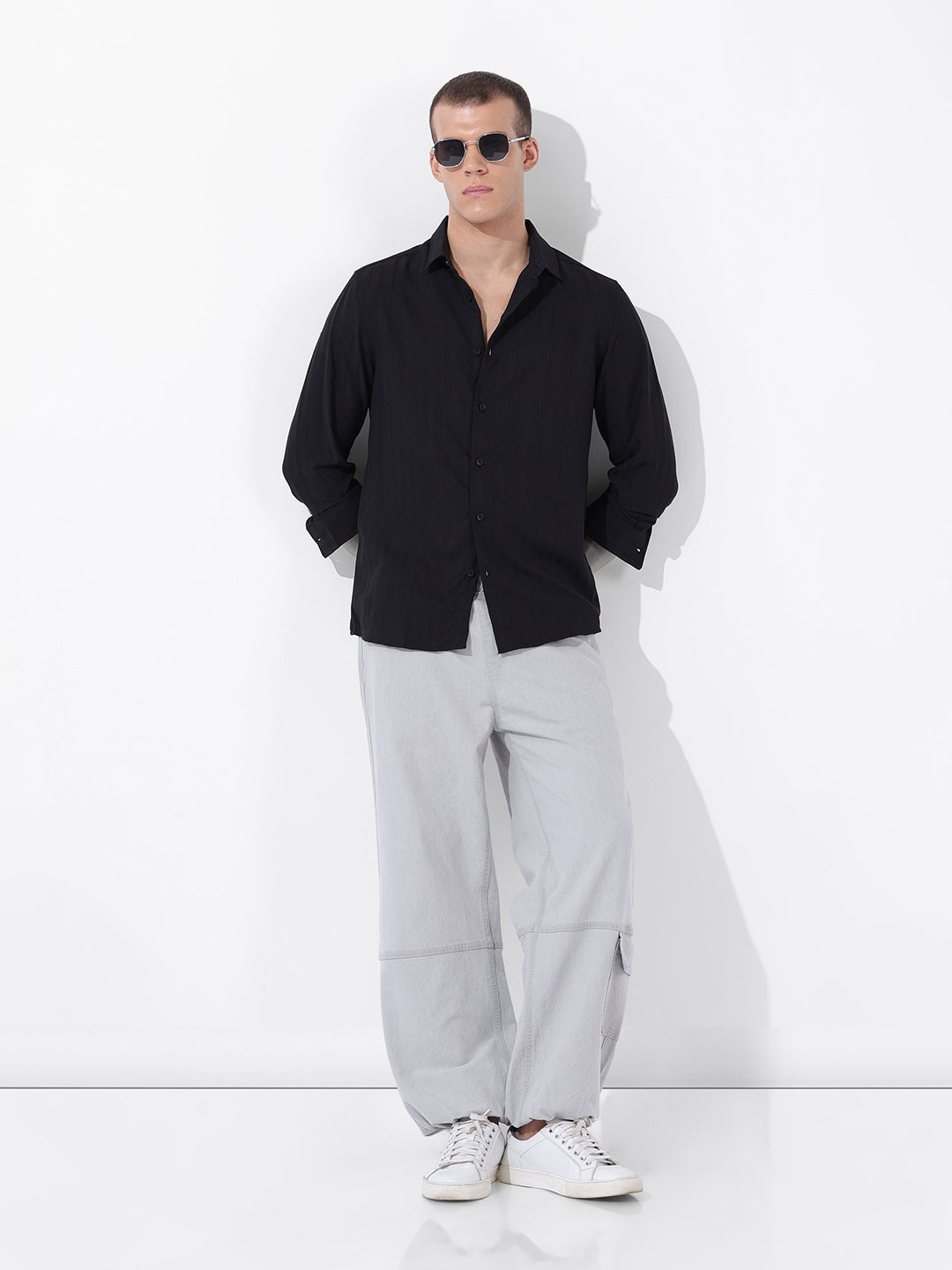 Men's Black Regular Fit Textured Resort Wear Shirt