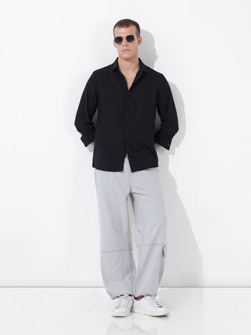 Men's Black Regular Fit Textured Resort Wear Shirt