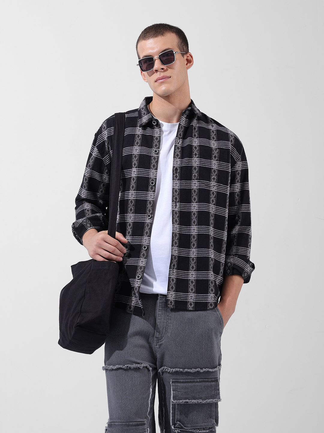 Men's Black Relaxed Fit Checked Casual Shirt