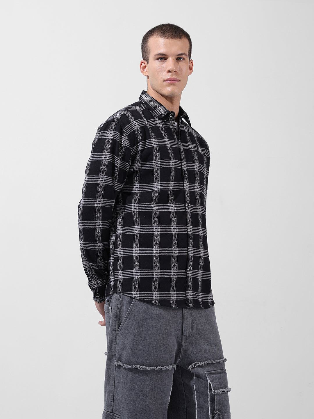 Men's Black Relaxed Fit Checked Casual Shirt