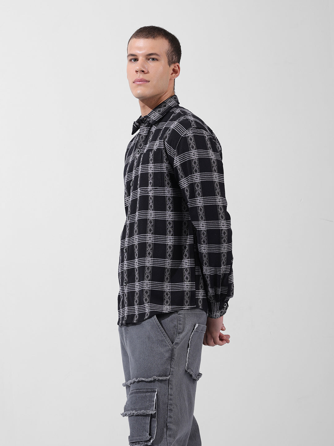 Men's Black Relaxed Fit Checked Casual Shirt