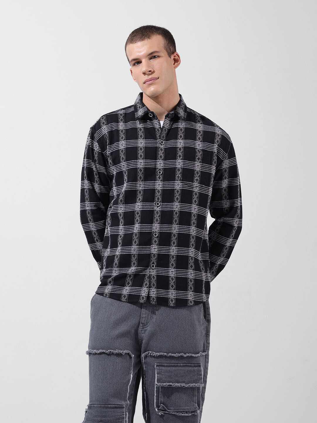 Men's Black Relaxed Fit Checked Casual Shirt